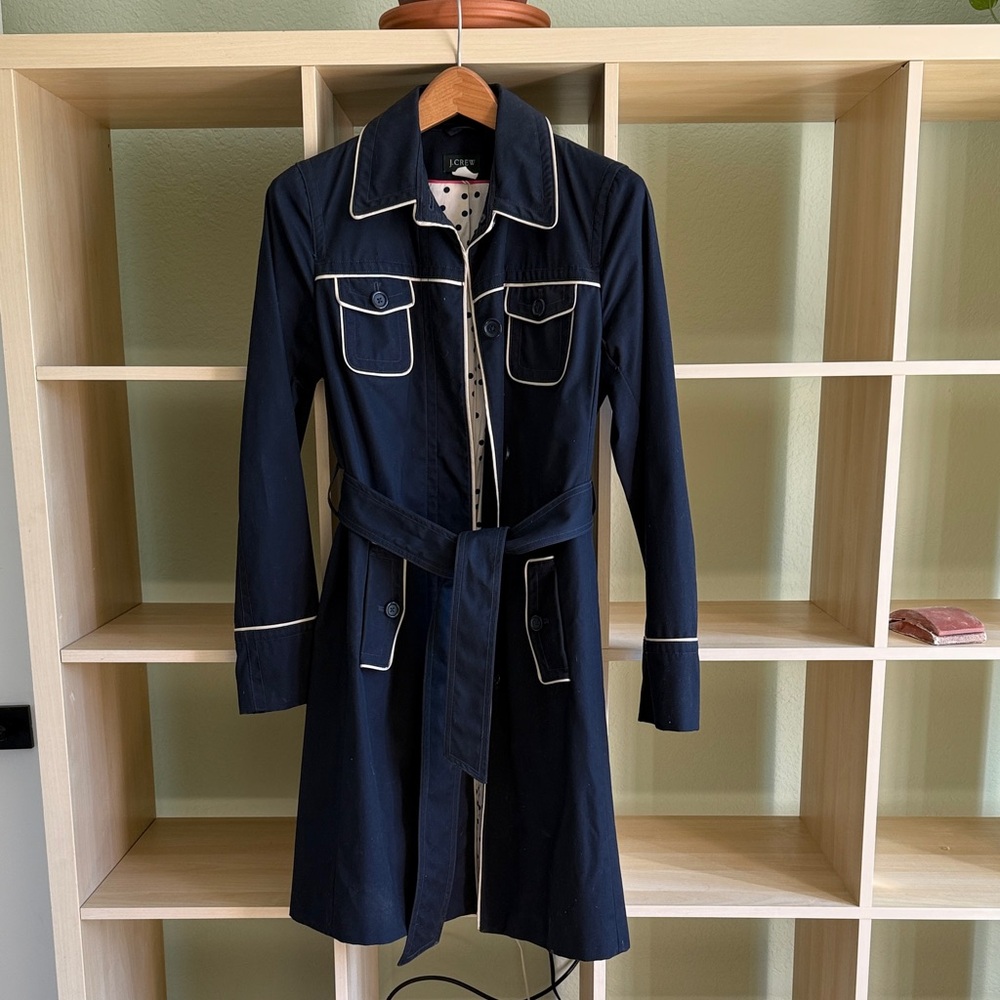 J. Crew Dark Blue Navy Trench Coat Jacket White Trim polka dot lining 10 Resort
